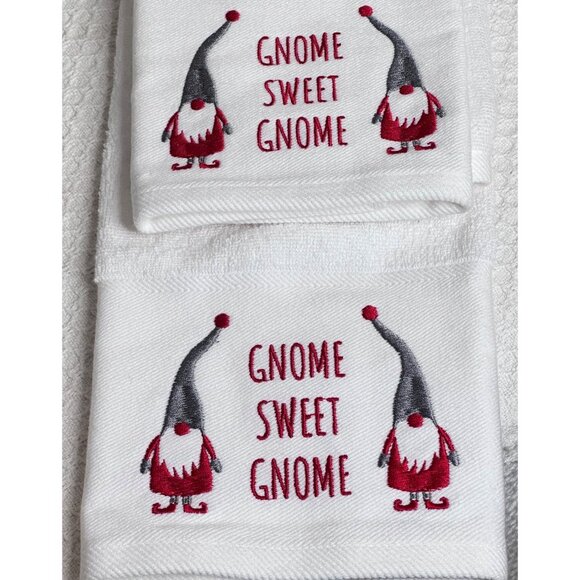 Two Charmont Collection Gnome Sweet Gnome Hand Towels White Red Designs Holiday - Picture 3 of 8